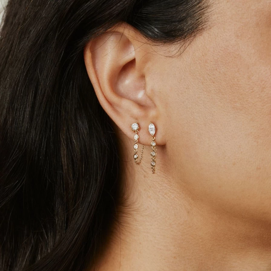 "Eriness 14K Gold Single Diamond Stud Earring with Dangling Diamond Chain"