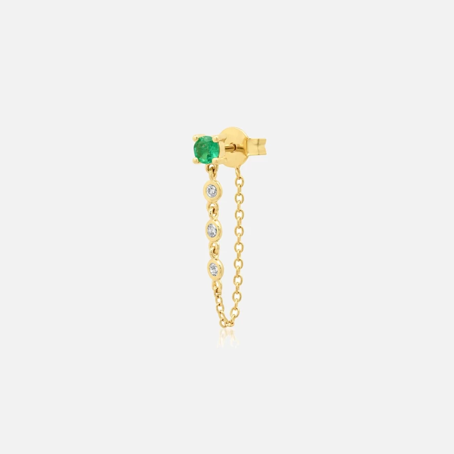 Eriness Emerald and Diamond Stud Earrings with Dangling Chain - Elegant Green Gemstone Jewelry