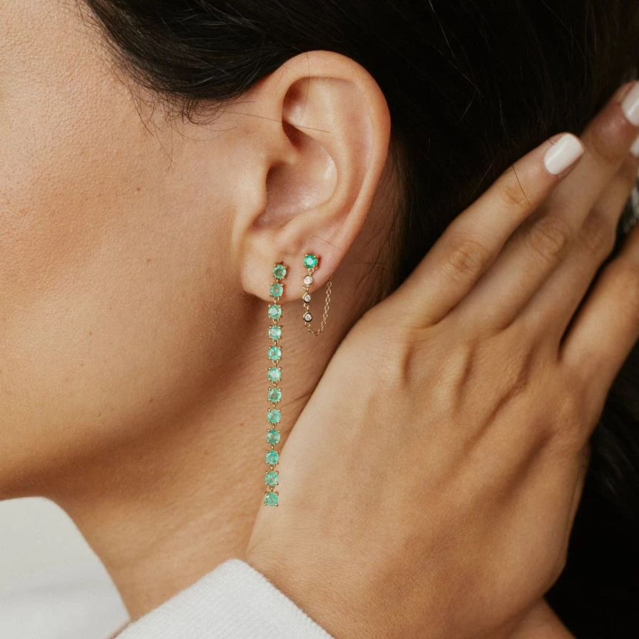 Eriness Emerald and Diamond Stud Earrings with Dangling Chain - Elegant Green Gemstone Jewelry